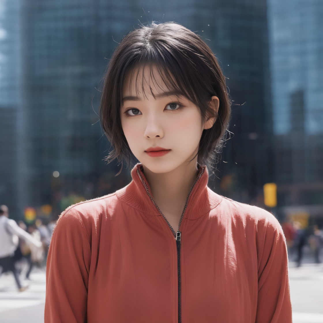 02304-1571596100-A beautiful cyborg on a big city, young woman, iridescent black hair, amber eyes, long legs, red suit, science fiction, full len.png